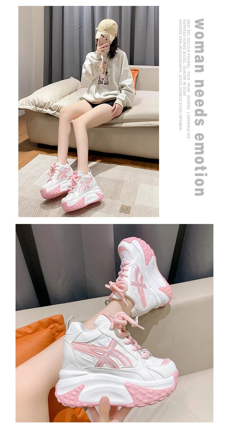 Women Platform Breathable Leather Shoes New Autumn Chunky Sneakers 10CM Wedge Hidden Heels Leisure Sports Casual Dad Shoes Woman