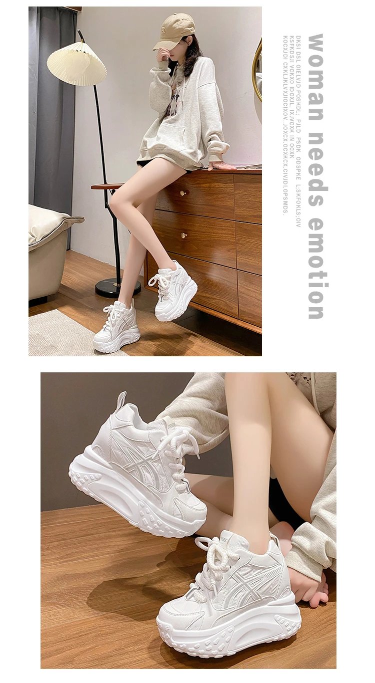 Women Platform Breathable Leather Shoes New Autumn Chunky Sneakers 10CM Wedge Hidden Heels Leisure Sports Casual Dad Shoes Woman