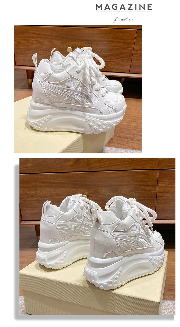 Women Platform Breathable Leather Shoes New Autumn Chunky Sneakers 10CM Wedge Hidden Heels Leisure Sports Casual Dad Shoes Woman