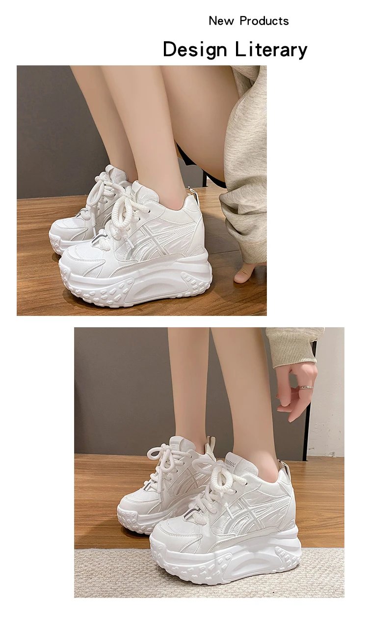 Women Platform Breathable Leather Shoes New Autumn Chunky Sneakers 10CM Wedge Hidden Heels Leisure Sports Casual Dad Shoes Woman