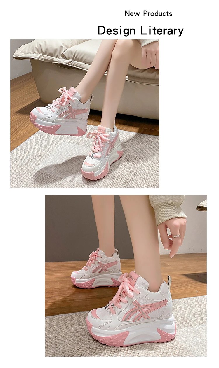 Women Platform Breathable Leather Shoes New Autumn Chunky Sneakers 10CM Wedge Hidden Heels Leisure Sports Casual Dad Shoes Woman