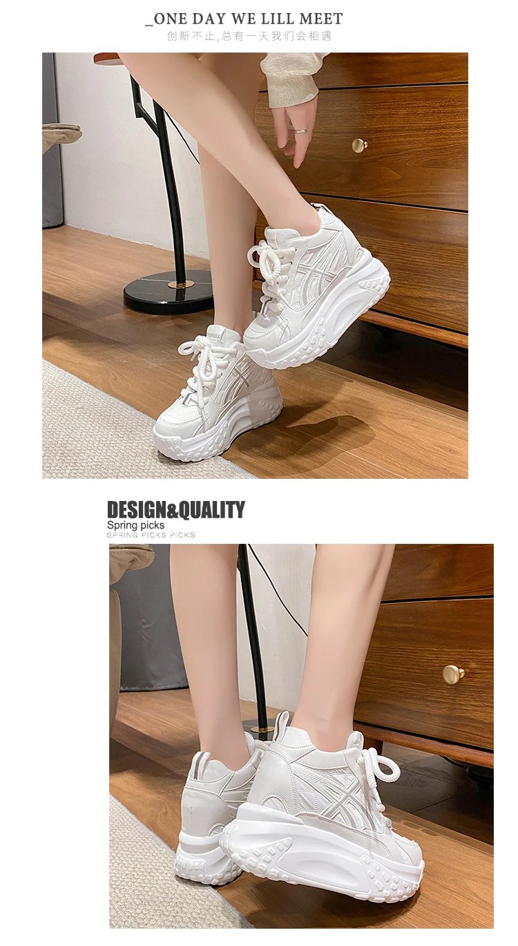 Women Platform Breathable Leather Shoes New Autumn Chunky Sneakers 10CM Wedge Hidden Heels Leisure Sports Casual Dad Shoes Woman
