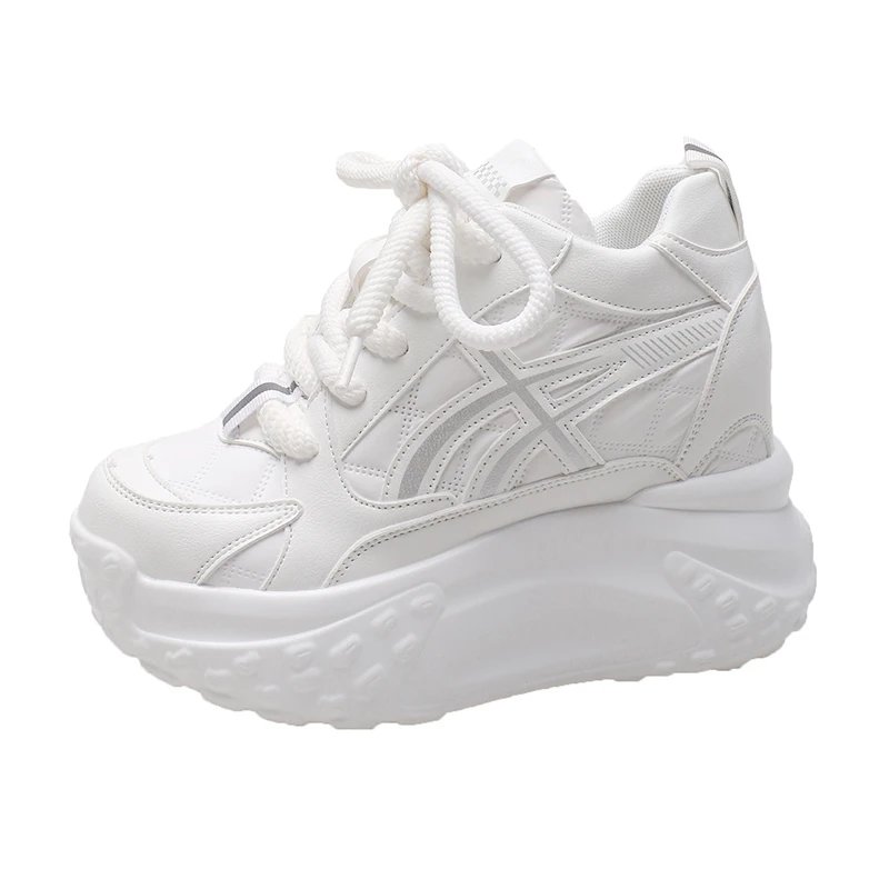 Women Platform Breathable Leather Shoes New Autumn Chunky Sneakers 10CM Wedge Hidden Heels Leisure Sports Casual Dad Shoes Woman