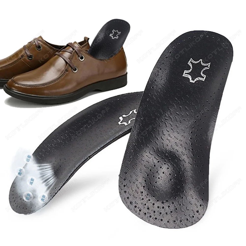 Leather Insoles For Shoes Sole Men Women Black Recycled Leather  Half/Full Pads Flat Feet Arch Support O/X Leg Corrected Insert