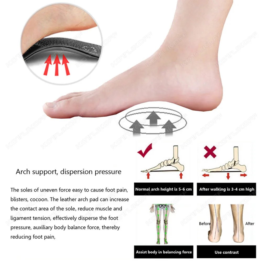 Leather Insoles For Shoes Sole Men Women Black Recycled Leather  Half/Full Pads Flat Feet Arch Support O/X Leg Corrected Insert