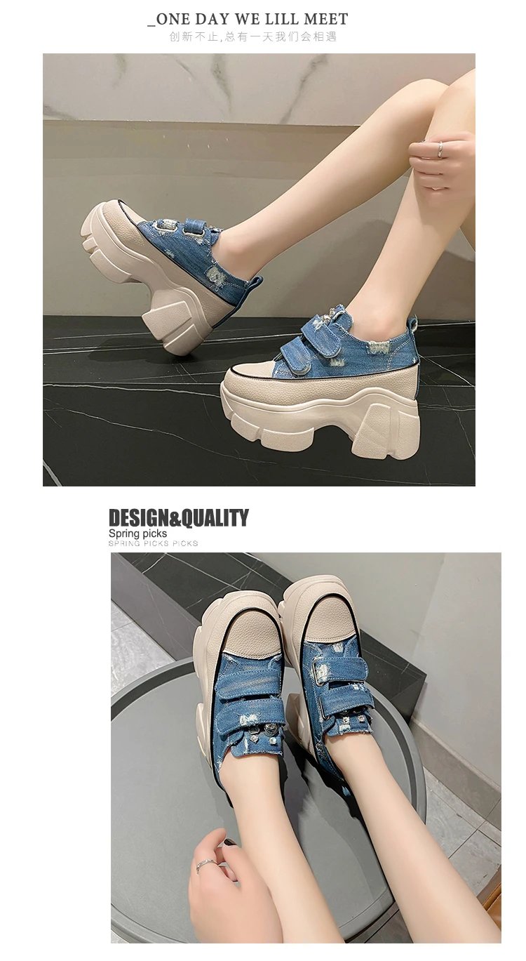 New Fashion Crystal Denim Platform Wedge Casual Spring Summer Autumn Comfy High Brand Chunky Sneakers 9CM Hidden Heels Shoes