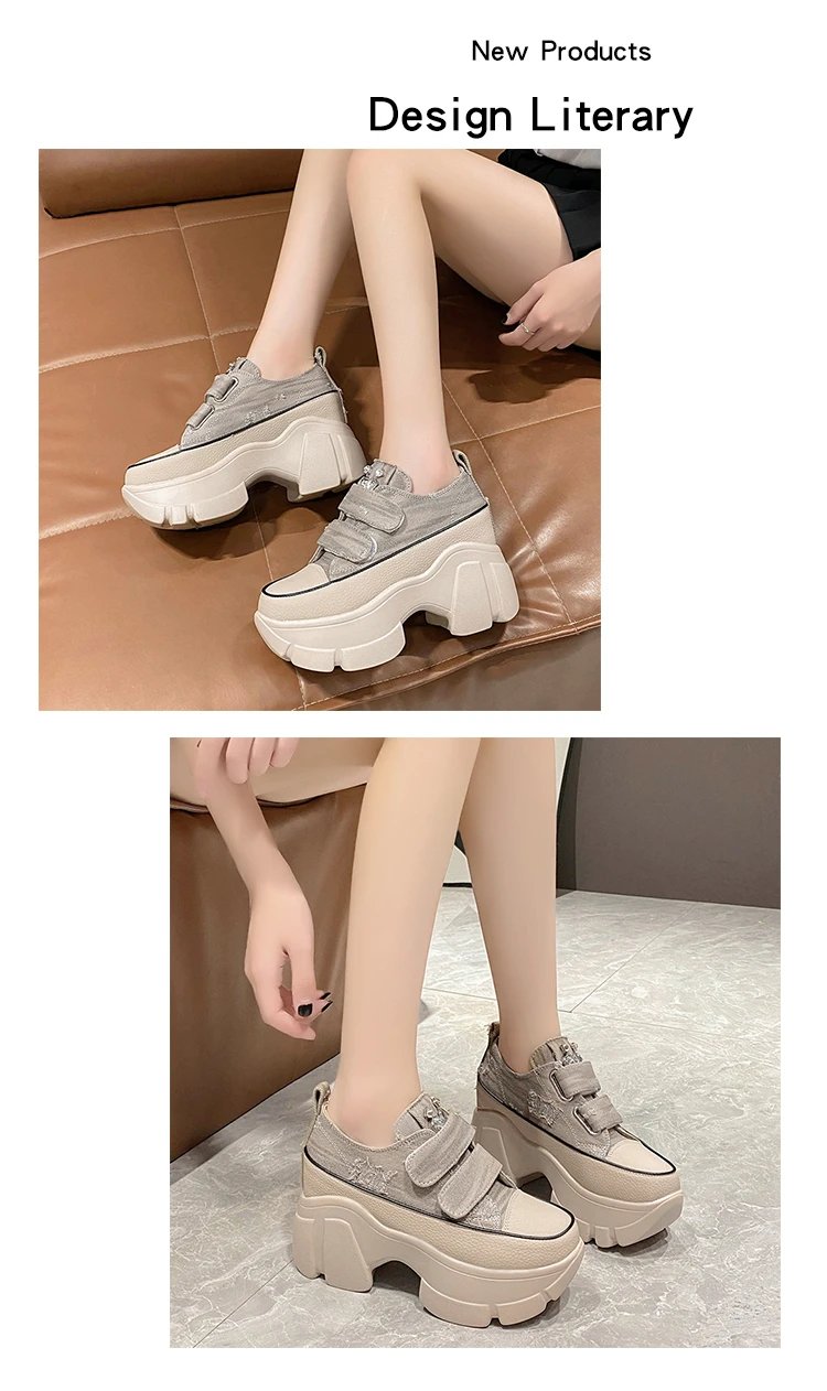 New Fashion Crystal Denim Platform Wedge Casual Spring Summer Autumn Comfy High Brand Chunky Sneakers 9CM Hidden Heels Shoes