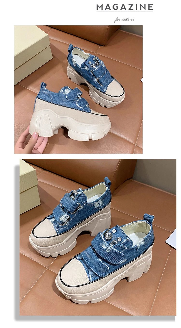 New Fashion Crystal Denim Platform Wedge Casual Spring Summer Autumn Comfy High Brand Chunky Sneakers 9CM Hidden Heels Shoes