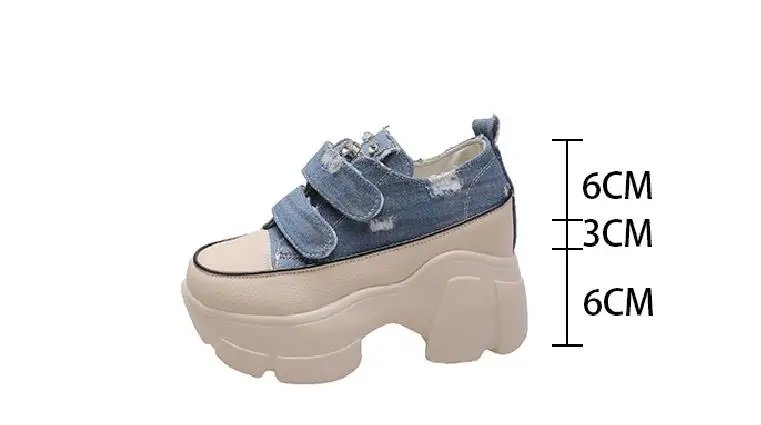 New Fashion Crystal Denim Platform Wedge Casual Spring Summer Autumn Comfy High Brand Chunky Sneakers 9CM Hidden Heels Shoes