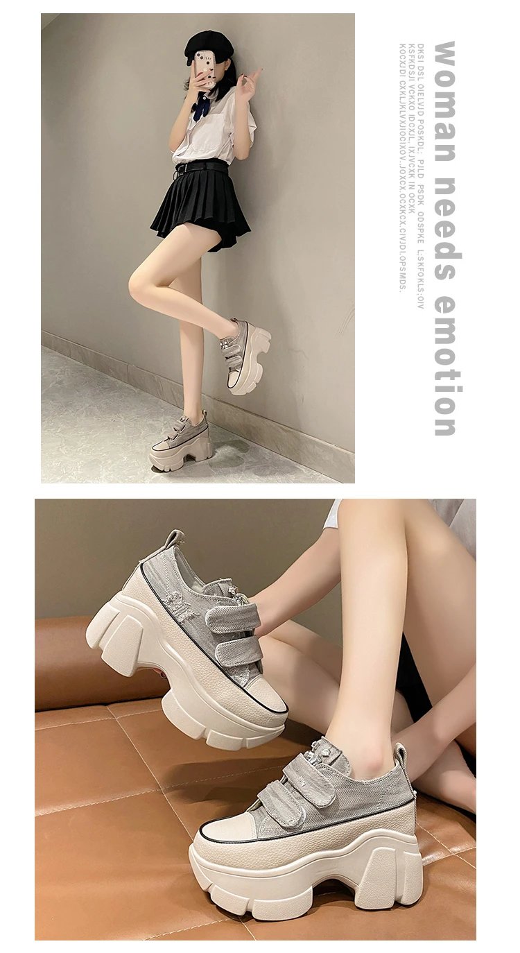 New Fashion Crystal Denim Platform Wedge Casual Spring Summer Autumn Comfy High Brand Chunky Sneakers 9CM Hidden Heels Shoes