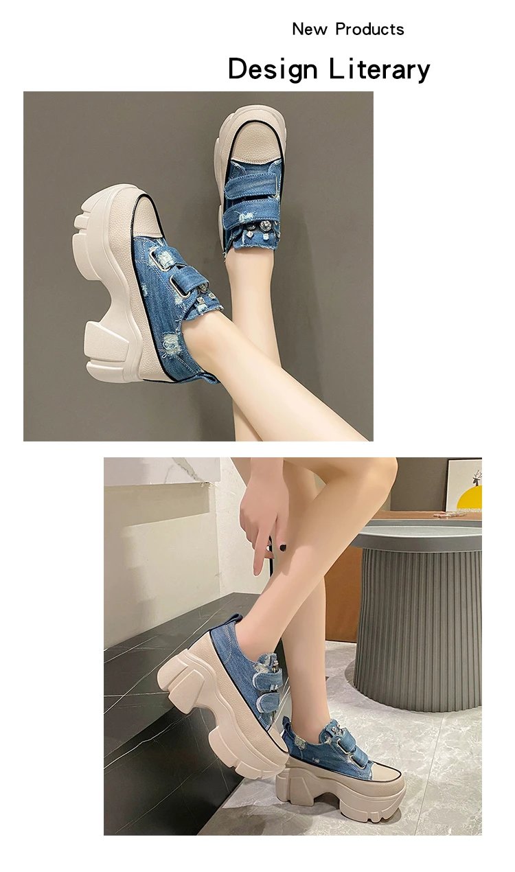 New Fashion Crystal Denim Platform Wedge Casual Spring Summer Autumn Comfy High Brand Chunky Sneakers 9CM Hidden Heels Shoes