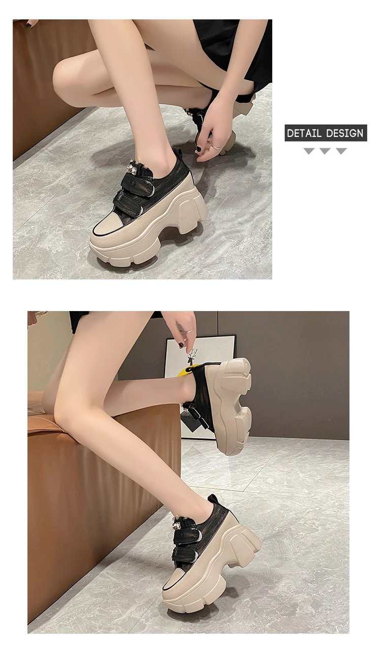 New Fashion Crystal Denim Platform Wedge Casual Spring Summer Autumn Comfy High Brand Chunky Sneakers 9CM Hidden Heels Shoes
