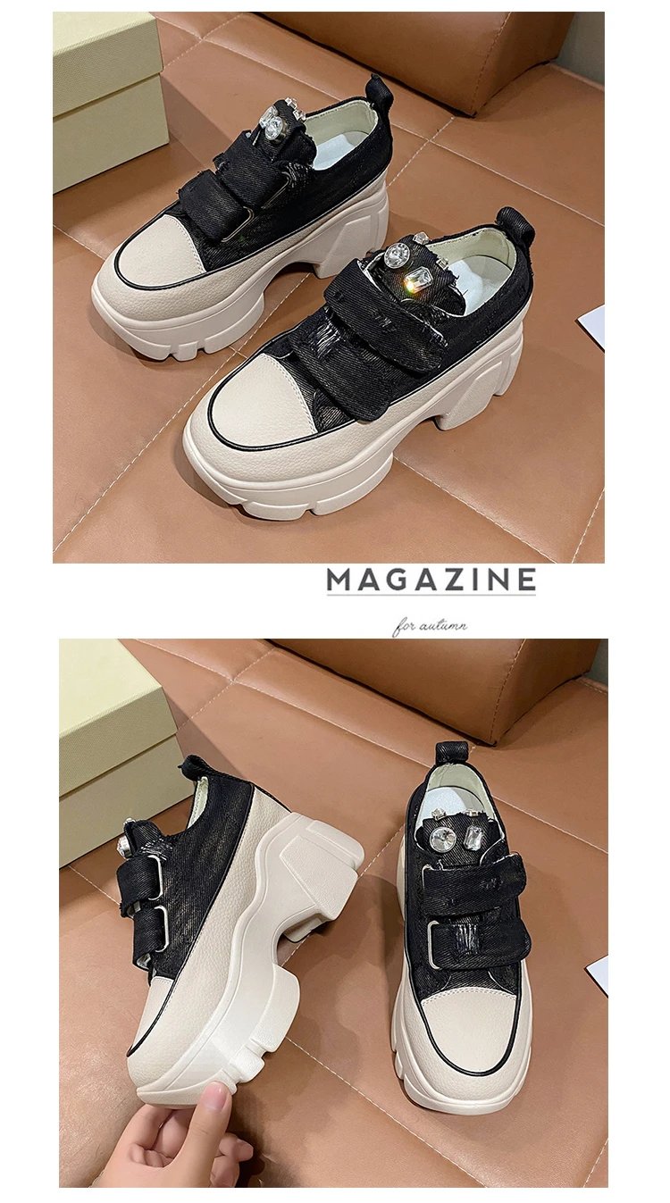 New Fashion Crystal Denim Platform Wedge Casual Spring Summer Autumn Comfy High Brand Chunky Sneakers 9CM Hidden Heels Shoes