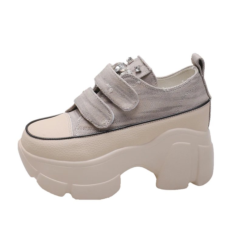 New Fashion Crystal Denim Platform Wedge Casual Spring Summer Autumn Comfy High Brand Chunky Sneakers 9CM Hidden Heels Shoes