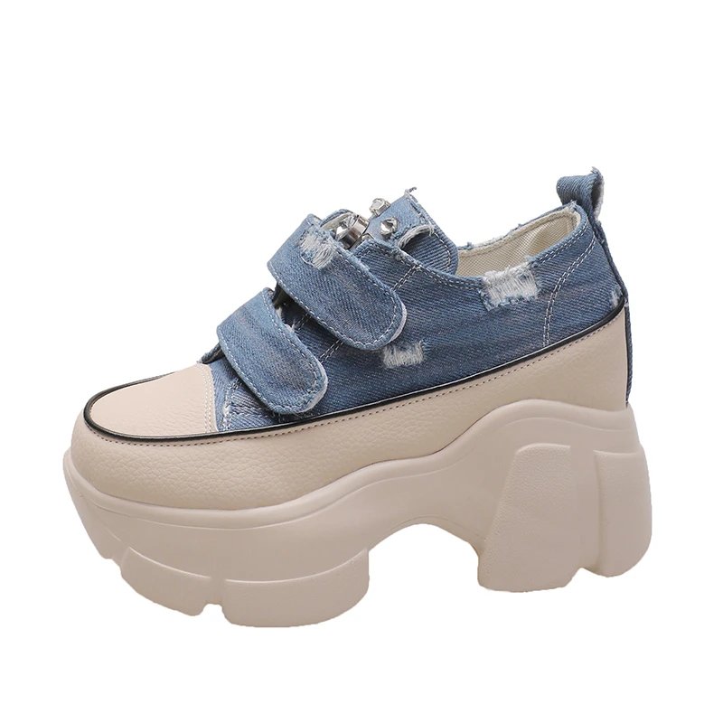 New Fashion Crystal Denim Platform Wedge Casual Spring Summer Autumn Comfy High Brand Chunky Sneakers 9CM Hidden Heels Shoes