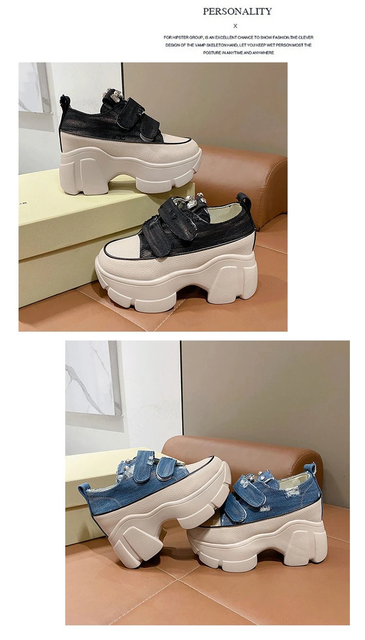 New Fashion Crystal Denim Platform Wedge Casual Spring Summer Autumn Comfy High Brand Chunky Sneakers 9CM Hidden Heels Shoes