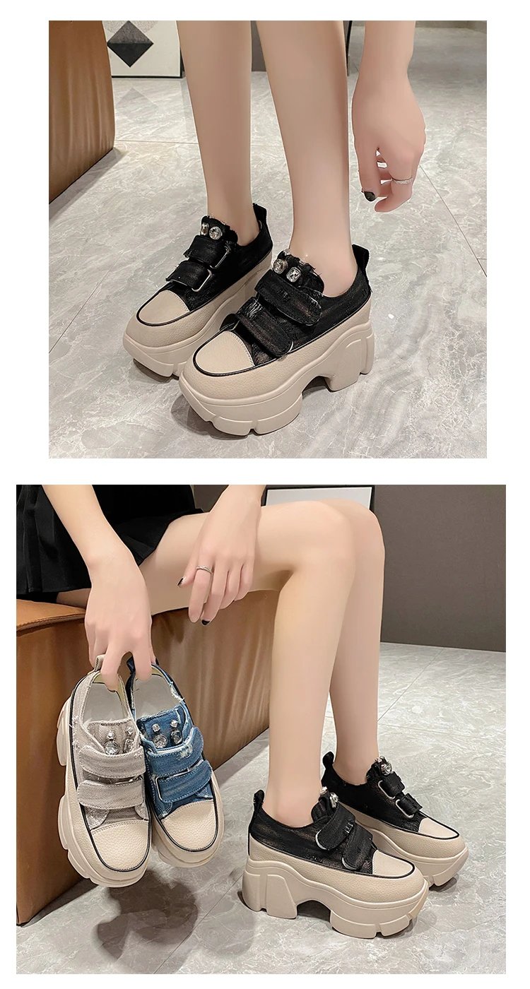 New Fashion Crystal Denim Platform Wedge Casual Spring Summer Autumn Comfy High Brand Chunky Sneakers 9CM Hidden Heels Shoes