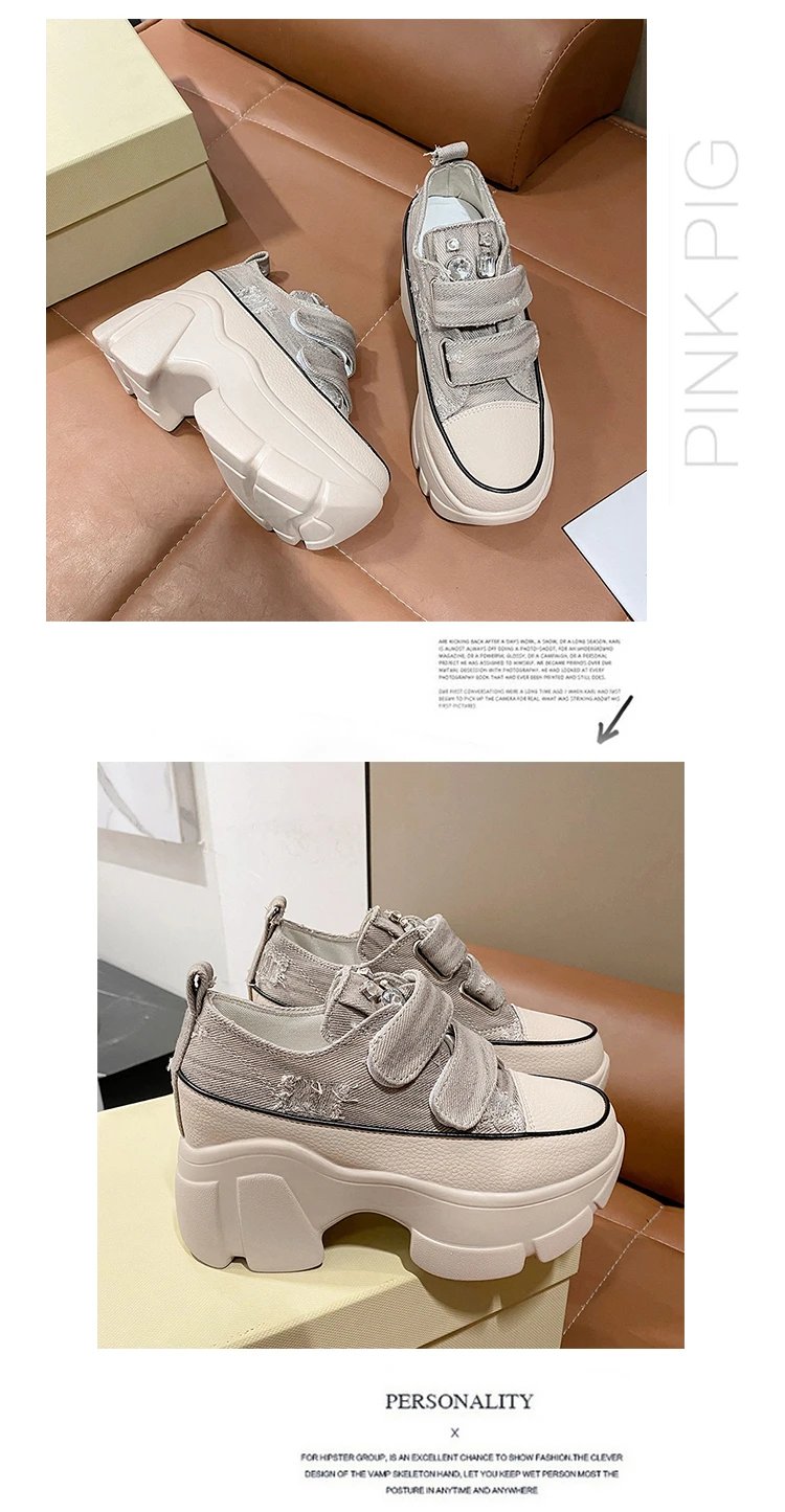 New Fashion Crystal Denim Platform Wedge Casual Spring Summer Autumn Comfy High Brand Chunky Sneakers 9CM Hidden Heels Shoes