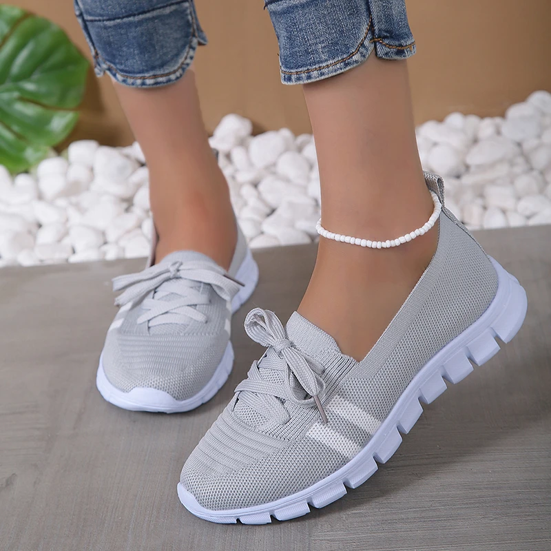 Mesh Knitted Striped Flats Shoes for Women 2024 Summer Lace Up Casual Sneakers Woman Breathable Soft Sole Loafers Plus Size 43 Mesh Knitted Striped Flats Shoes for Women 2024 Summer Lace Up Casual Sneakers Woman Breathable Soft Sole Loafers Plus Size 43