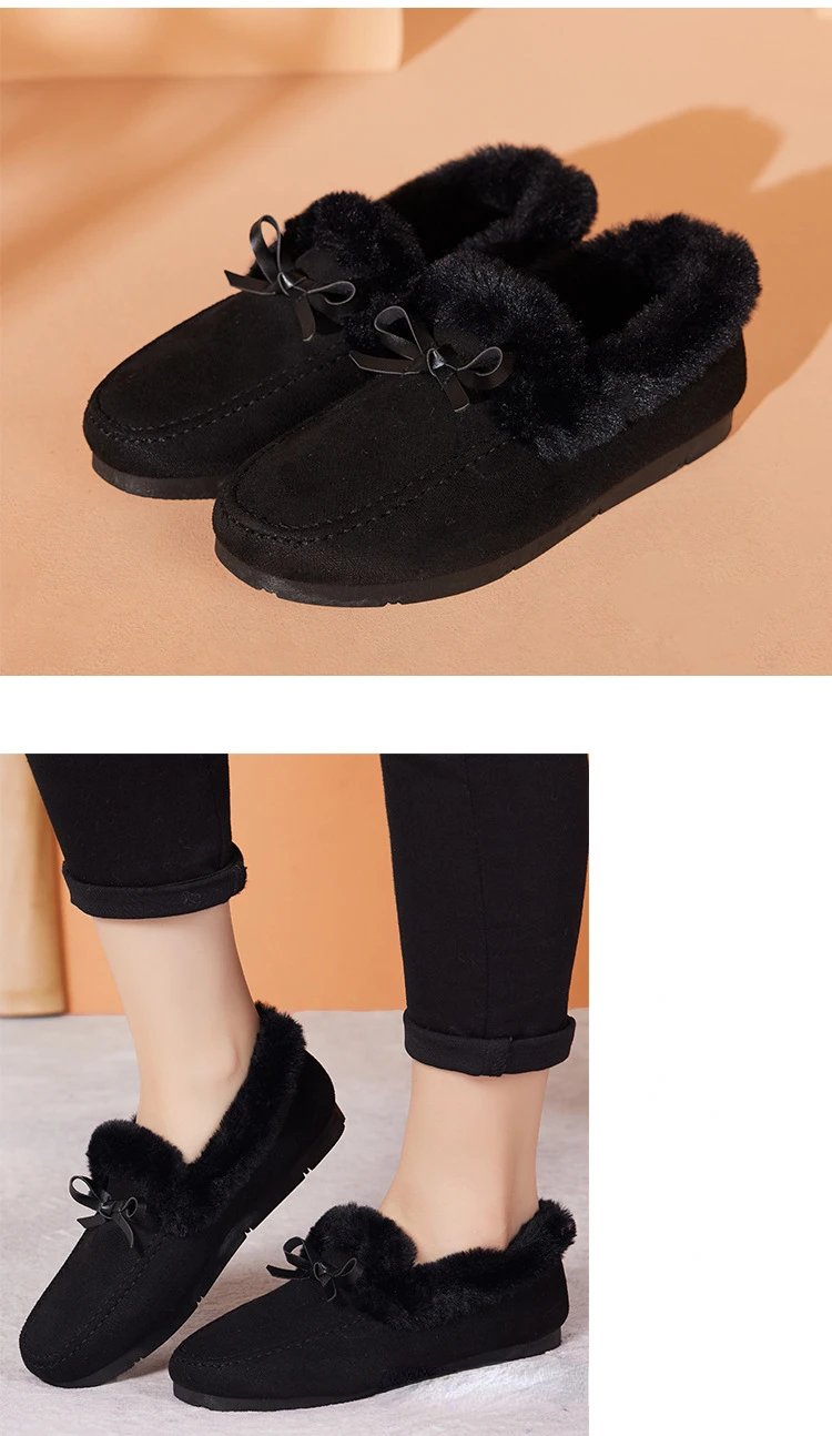 Women Winter Casual Shoes New Moccasins Soft Flat Non-slip Loafers Fashion Comfort Warm Plush Bow Slip on Female Cotton Shoes