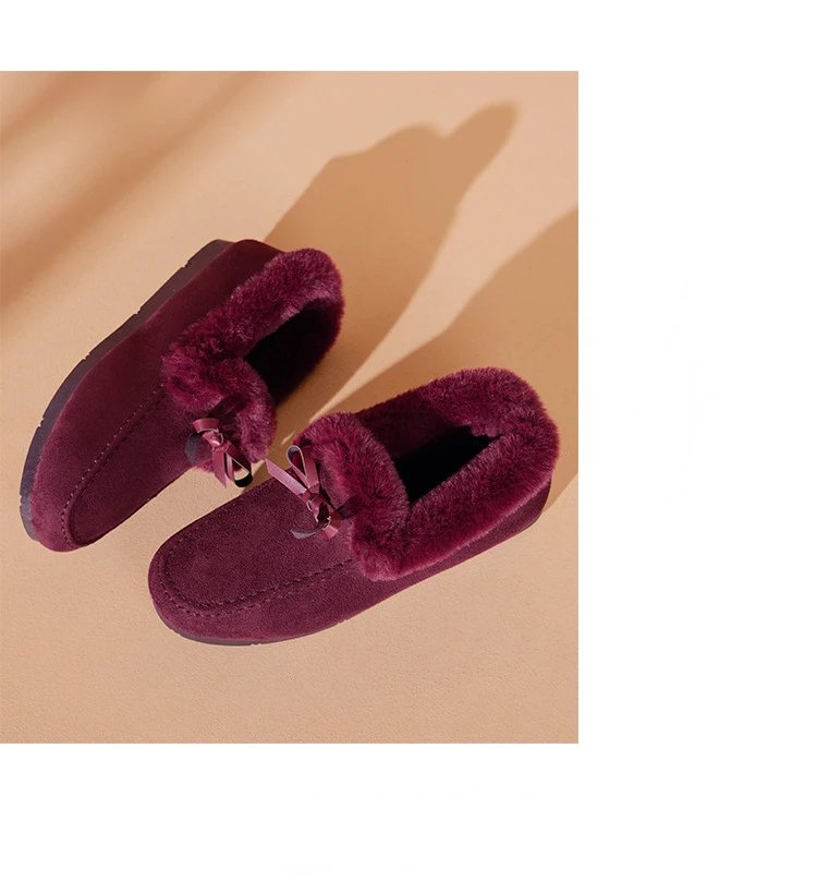 Women Winter Casual Shoes New Moccasins Soft Flat Non-slip Loafers Fashion Comfort Warm Plush Bow Slip on Female Cotton Shoes