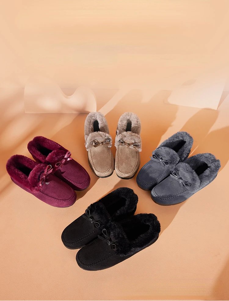 Women Winter Casual Shoes New Moccasins Soft Flat Non-slip Loafers Fashion Comfort Warm Plush Bow Slip on Female Cotton Shoes
