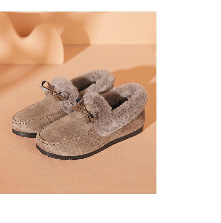 Women Winter Casual Shoes New Moccasins Soft Flat Non-slip Loafers Fashion Comfort Warm Plush Bow Slip on Female Cotton Shoes