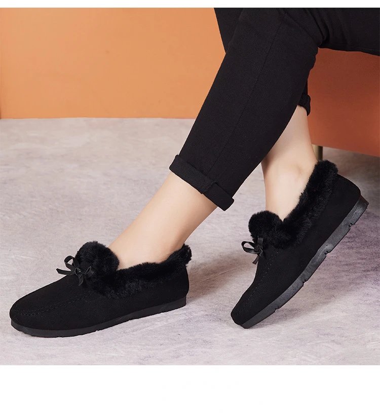 Women Winter Casual Shoes New Moccasins Soft Flat Non-slip Loafers Fashion Comfort Warm Plush Bow Slip on Female Cotton Shoes