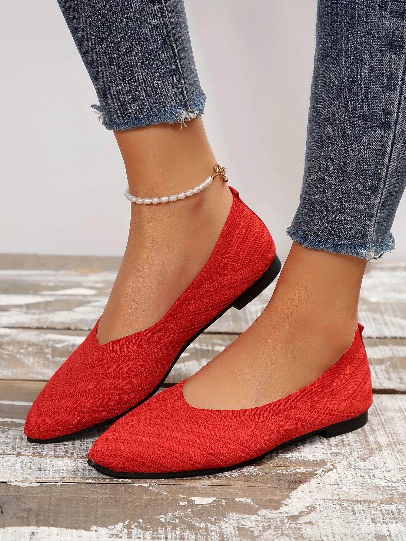 Pointed Toe Flat Shoes Women Solid Color Knitted Slip on Shoes Casual Breathable Ballet Flats Women Loafers Comfort Ladies Shoes