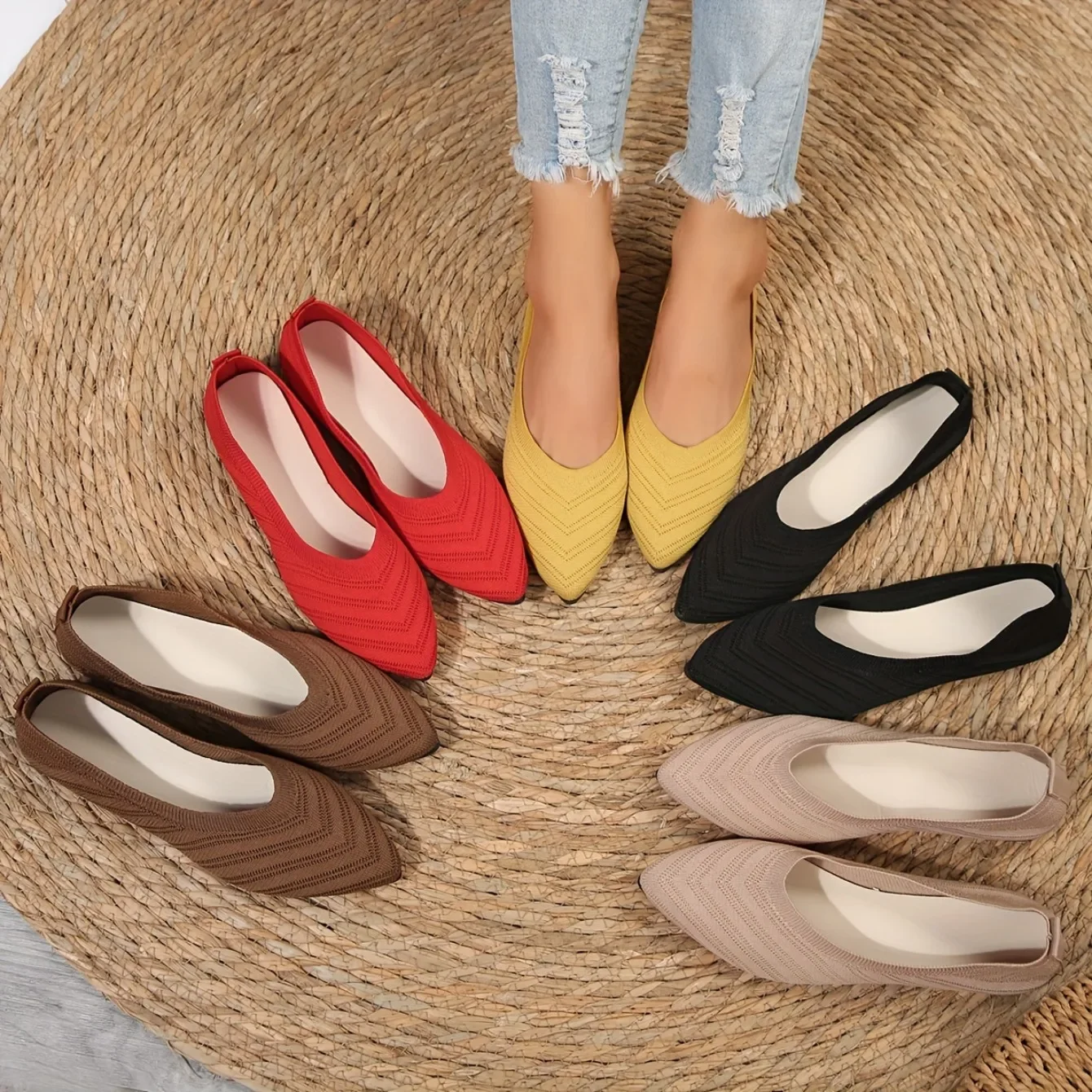 Women's Pointed Toe Flat Shoes Solid Color Knitted Slip on Shoes Casual Breathable Ballet Flats Women Flat Shoes Loafers Women Women's Pointed Toe Flat Shoes Solid Color Knitted Slip on Shoes Casual Breathable Ballet Flats Women Flat Shoes Loafers Women