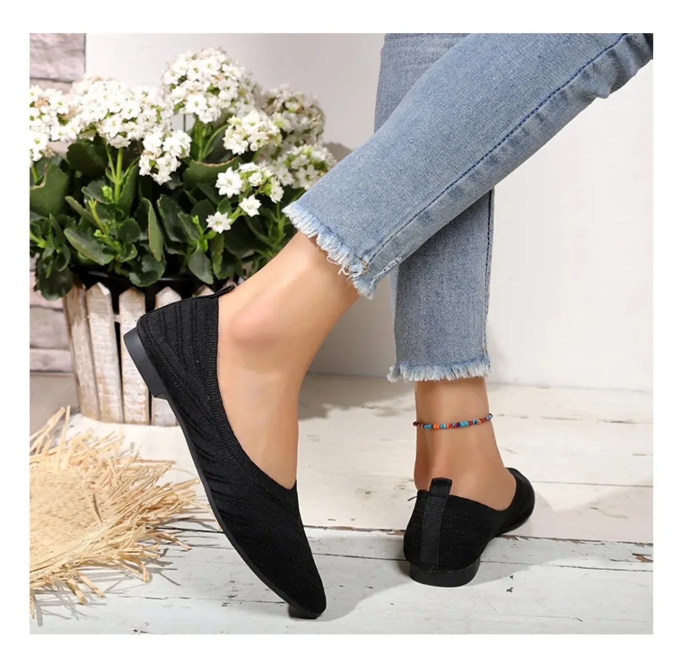 Women's Pointed Toe Flat Shoes Solid Color Knitted Shoes Casual Breathable Ballet Flats Women Loafers Sneakers Zapatos De Mujer