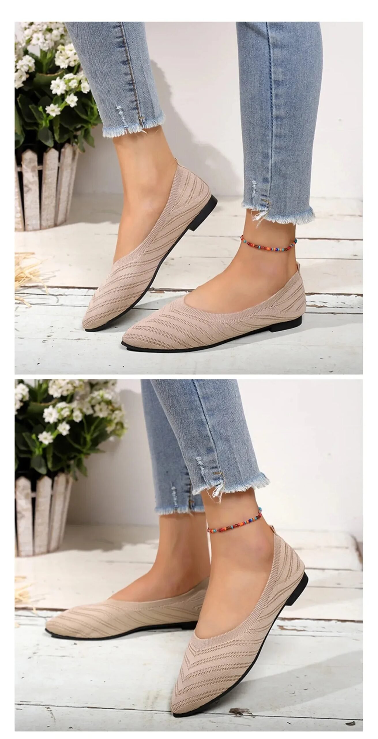 Women's Pointed Toe Flat Shoes Solid Color Knitted Shoes Casual Breathable Ballet Flats Women Loafers Sneakers Zapatos De Mujer