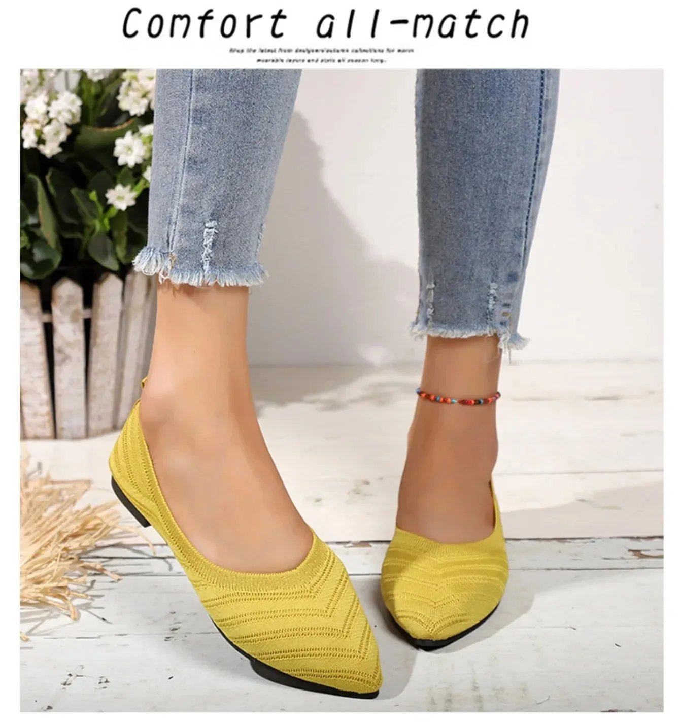 Women's Pointed Toe Flat Shoes Solid Color Knitted Shoes Casual Breathable Ballet Flats Women Loafers Sneakers Zapatos De Mujer