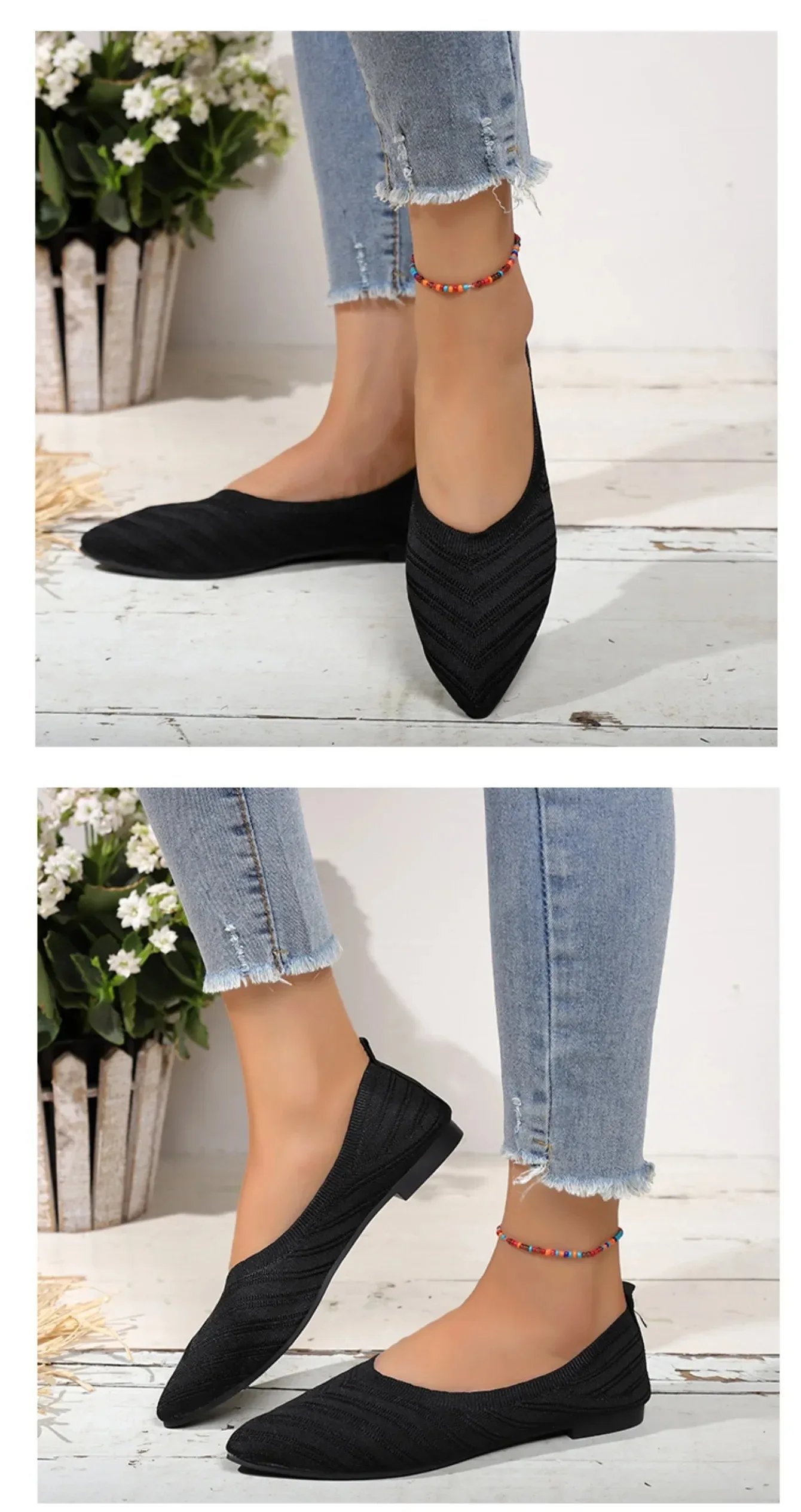 Women's Pointed Toe Flat Shoes Solid Color Knitted Shoes Casual Breathable Ballet Flats Women Loafers Sneakers Zapatos De Mujer