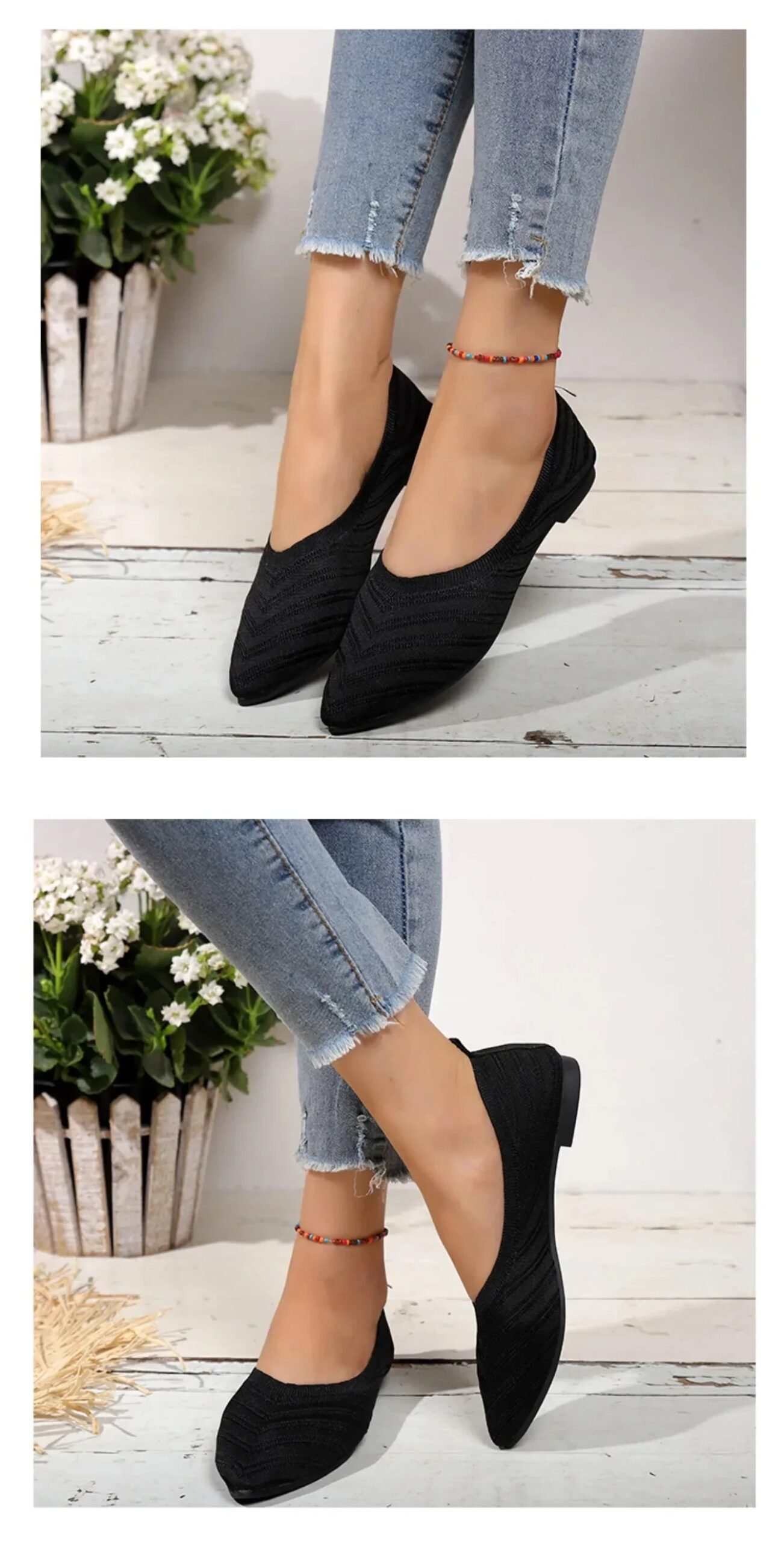 Women's Pointed Toe Flat Shoes Solid Color Knitted Shoes Casual Breathable Ballet Flats Women Loafers Sneakers Zapatos De Mujer