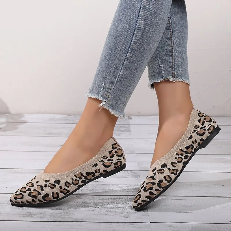 Elegant Houndstooth Knitted Ballet Flats Woman Point Toe Mesh Moccasins Ladies Big Size Leopard Loafers Soft Driving Shoes