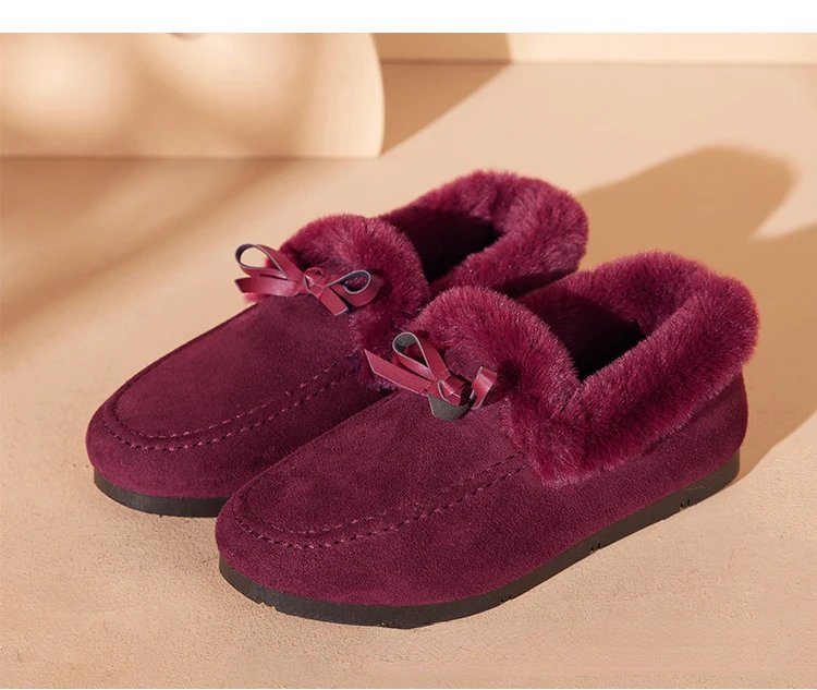 Women Winter Casual Shoes New Moccasins Soft Flat Non-slip Loafers Fashion Comfort Warm Plush Bow Slip on Female Cotton Shoes