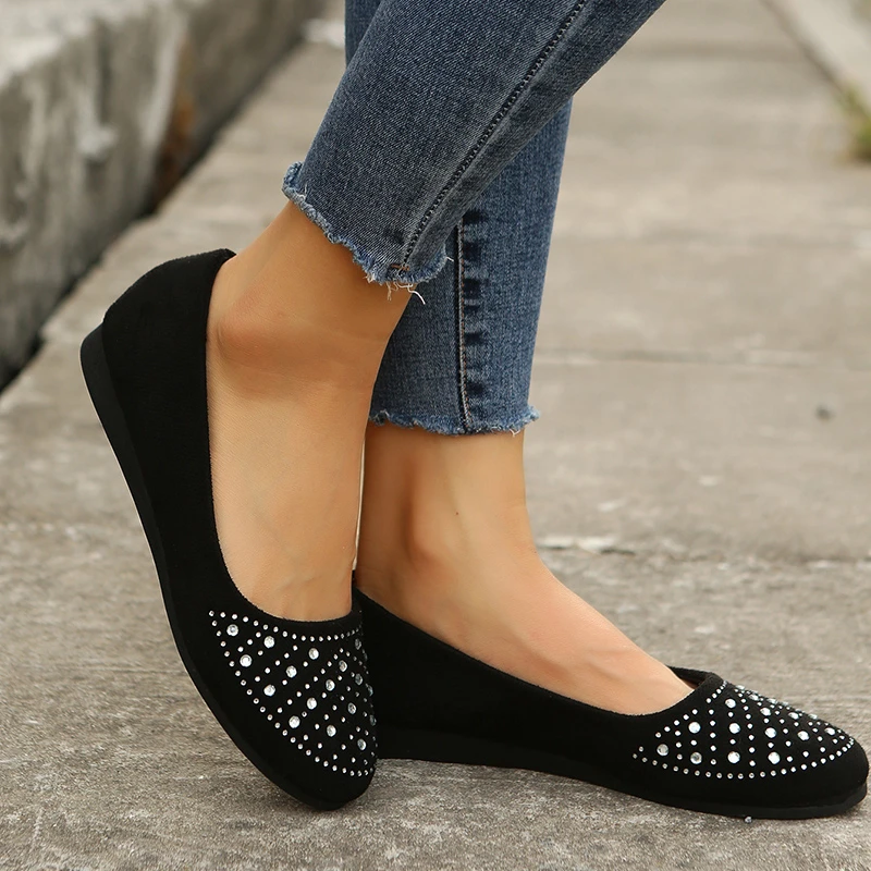 Shiny Crystal Shallow Loafers for Women Lightweight Non-Slip Ballet Flats Woman Black Flock Soft Sole Walking Shoes Female 2024 Shiny Crystal Shallow Loafers for Women Lightweight Non-Slip Ballet Flats Woman Black Flock Soft Sole Walking Shoes Female 2024