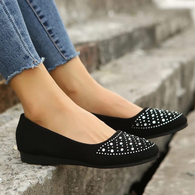 Shiny Crystal Shallow Loafers for Women Lightweight Non-Slip Ballet Flats Woman Black Flock Soft Sole Walking Shoes Female 2024 Shiny Crystal Shallow Loafers for Women Lightweight Non-Slip Ballet Flats Woman Black Flock Soft Sole Walking Shoes Female 2024