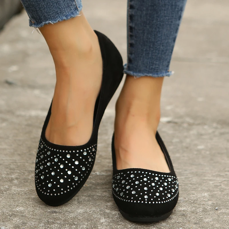 Shiny Crystal Shallow Loafers for Women Lightweight Non-Slip Ballet Flats Woman Black Flock Soft Sole Walking Shoes Female 2024 Shiny Crystal Shallow Loafers for Women Lightweight Non-Slip Ballet Flats Woman Black Flock Soft Sole Walking Shoes Female 2024