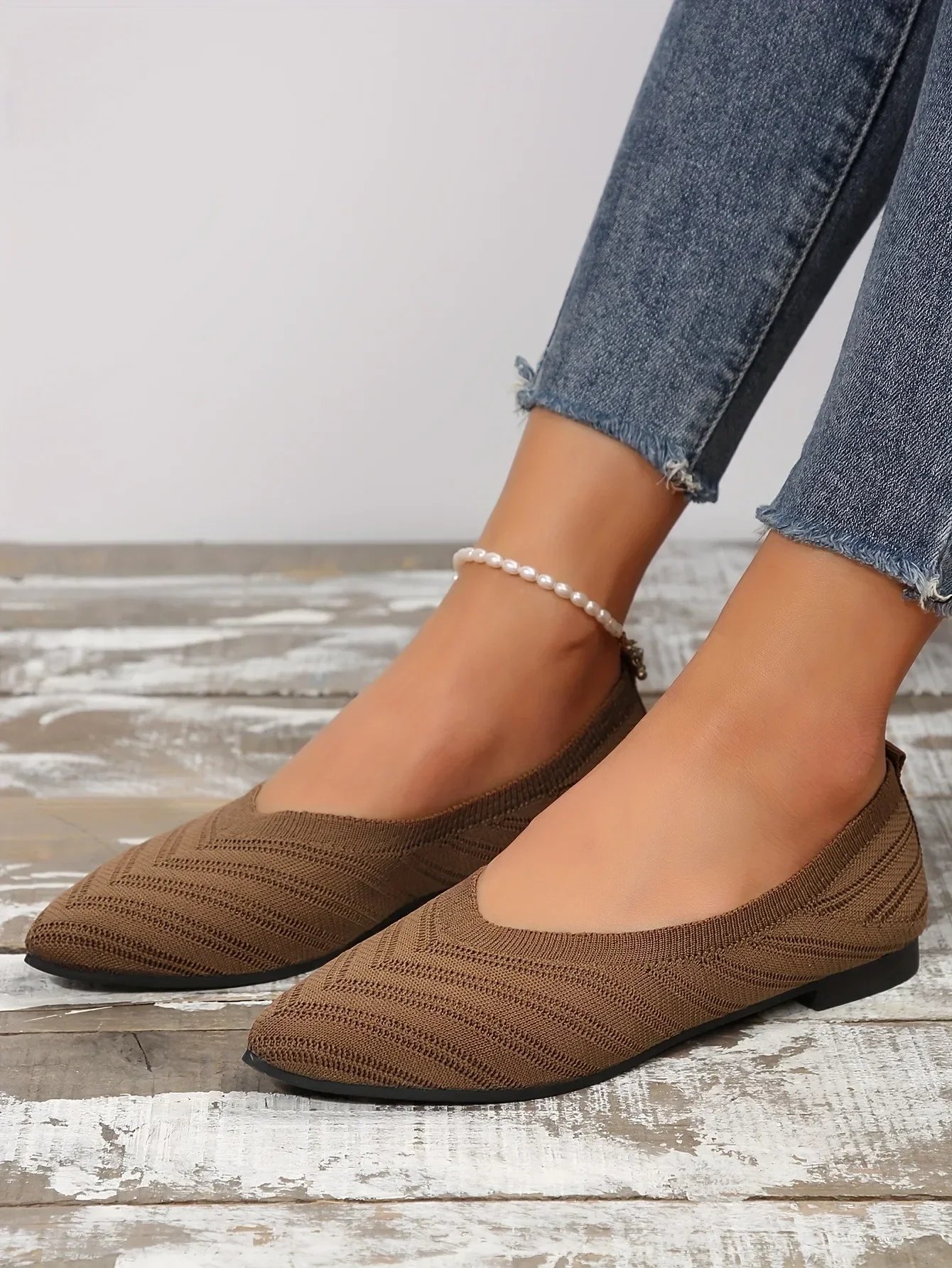 New Women Pointed Toe Flat Shoes Solid Color Knitted Slip on Shoes Casual Breathable Ballet Flats Women Flat Shoes Loafers Women