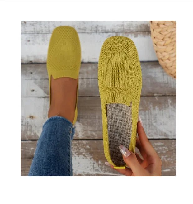 Solid Color Square Toe Mesh Loafers Shallow Women Flats Shoes Soft Bottom Knit Ballet Flats Shoes Casual Slip on Boat Shoes 2024