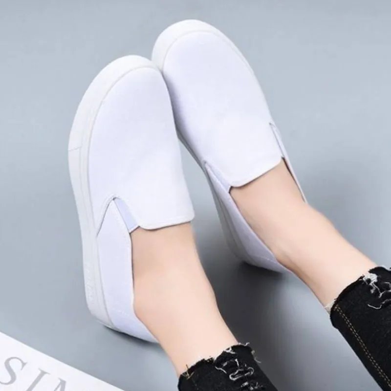 Cresfimix Teenager Student School Black Canvas Slip on Flat Platform Shoes Women Fashion White Shoes Sapatilha Feminina B5711b