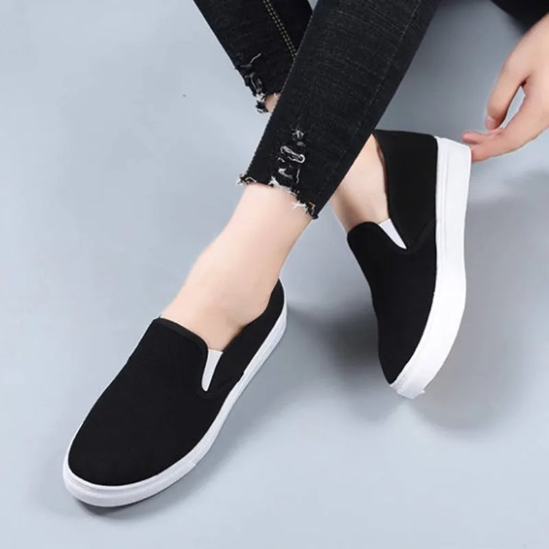 Cresfimix Teenager Student School Black Canvas Slip on Flat Platform Shoes Women Fashion White Shoes Sapatilha Feminina B5711b