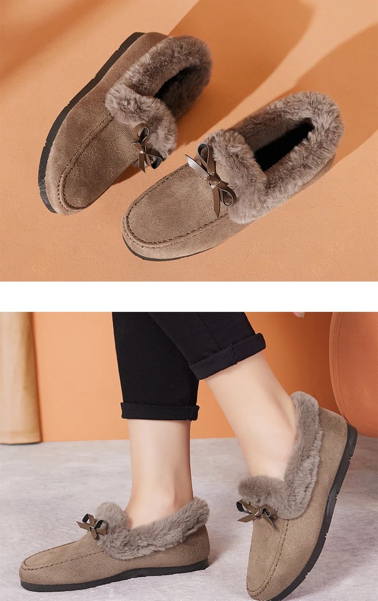 Women Winter Casual Shoes New Moccasins Soft Flat Non-slip Loafers Fashion Comfort Warm Plush Bow Slip on Female Cotton Shoes