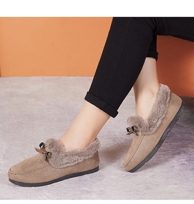 Women Winter Casual Shoes New Moccasins Soft Flat Non-slip Loafers Fashion Comfort Warm Plush Bow Slip on Female Cotton Shoes