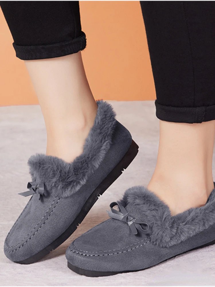 Women Winter Casual Shoes New Moccasins Soft Flat Non-slip Loafers Fashion Comfort Warm Plush Bow Slip on Female Cotton Shoes