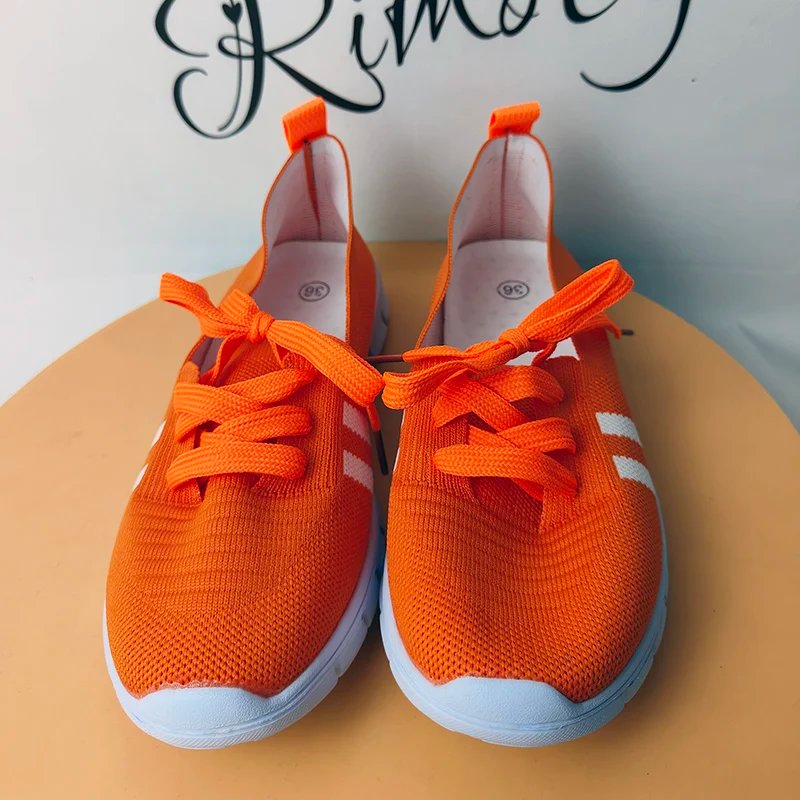 Mesh Knitted Striped Flats Shoes for Women 2024 Summer Lace Up Casual Sneakers Woman Breathable Soft Sole Loafers Plus Size 43