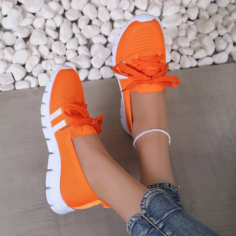 Mesh Knitted Striped Flats Shoes for Women 2024 Summer Lace Up Casual Sneakers Woman Breathable Soft Sole Loafers Plus Size 43