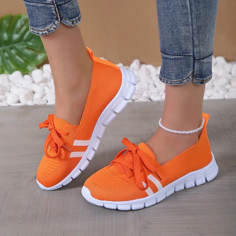 Mesh Knitted Striped Flats Shoes for Women 2024 Summer Lace Up Casual Sneakers Woman Breathable Soft Sole Loafers Plus Size 43